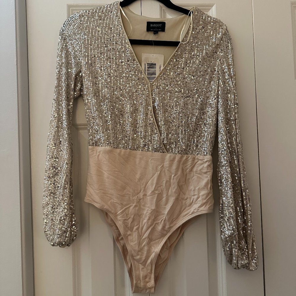 Long-Sleeve Sequin Bardot Bodysuit NWT